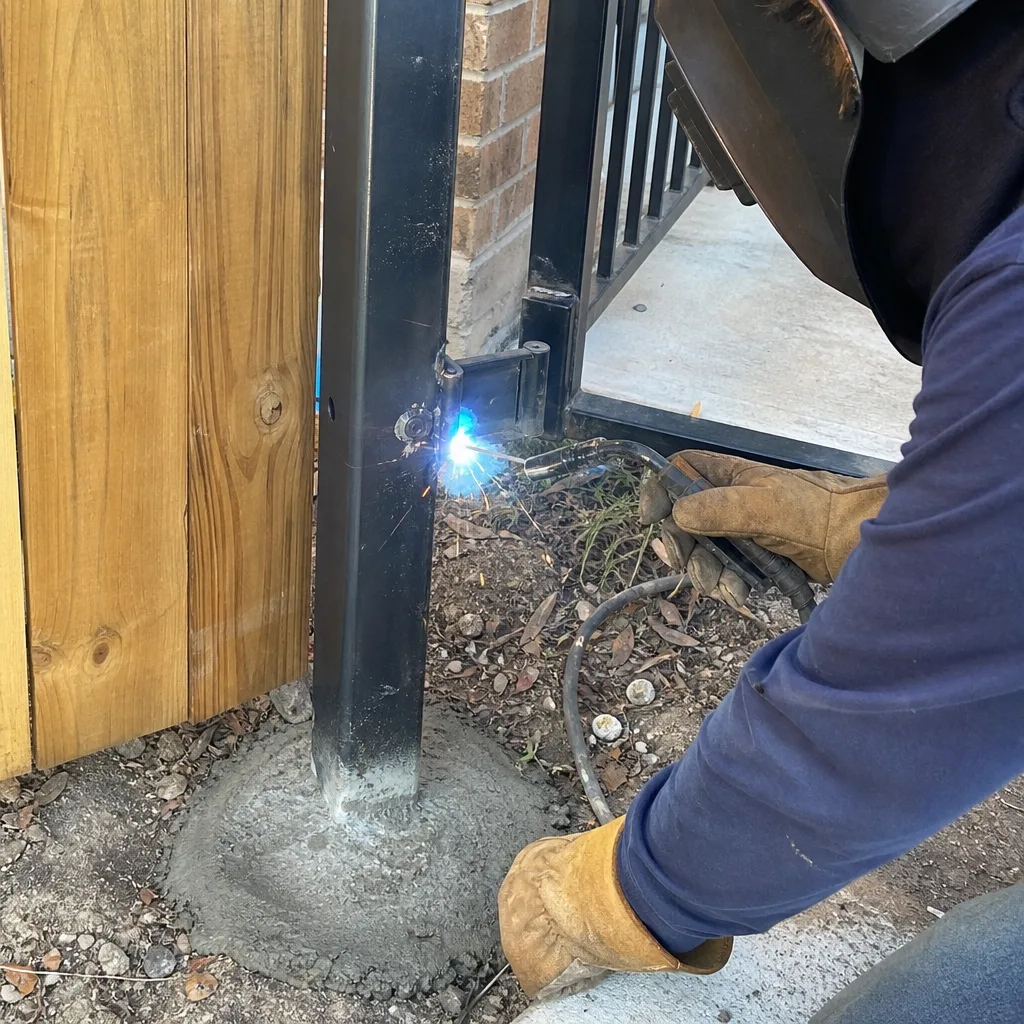 Professional welder performing a custom metal gate installation and repair