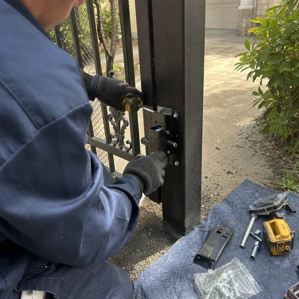 Technician performing professional gate repair and lock installation