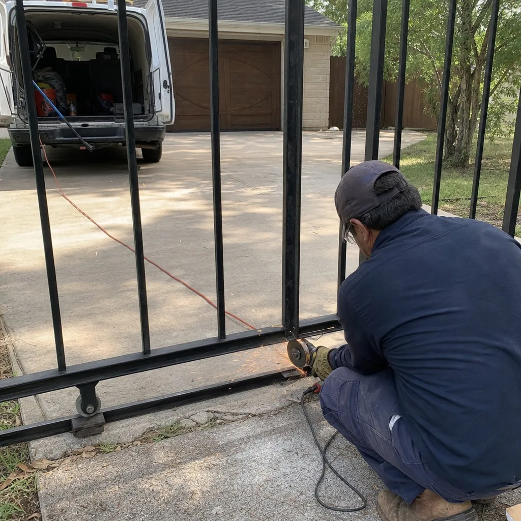 Technician using a grinder for professional metal gate repair