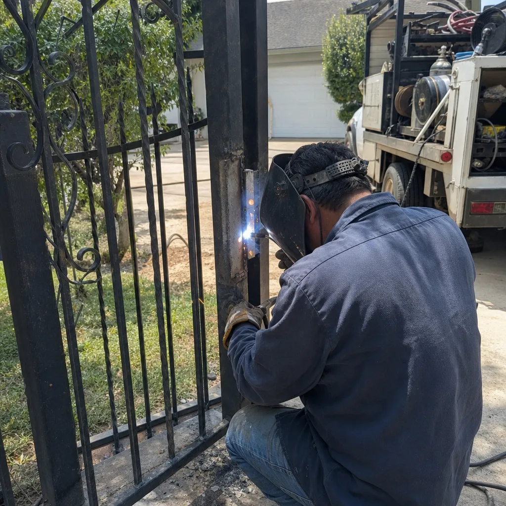 Professional welder performing onsite metal gate repair services.
