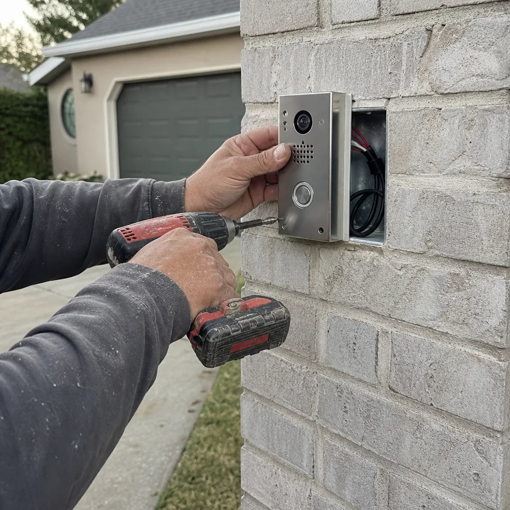 Technician installing a modern gate access control intercom system on brick in League City, TX