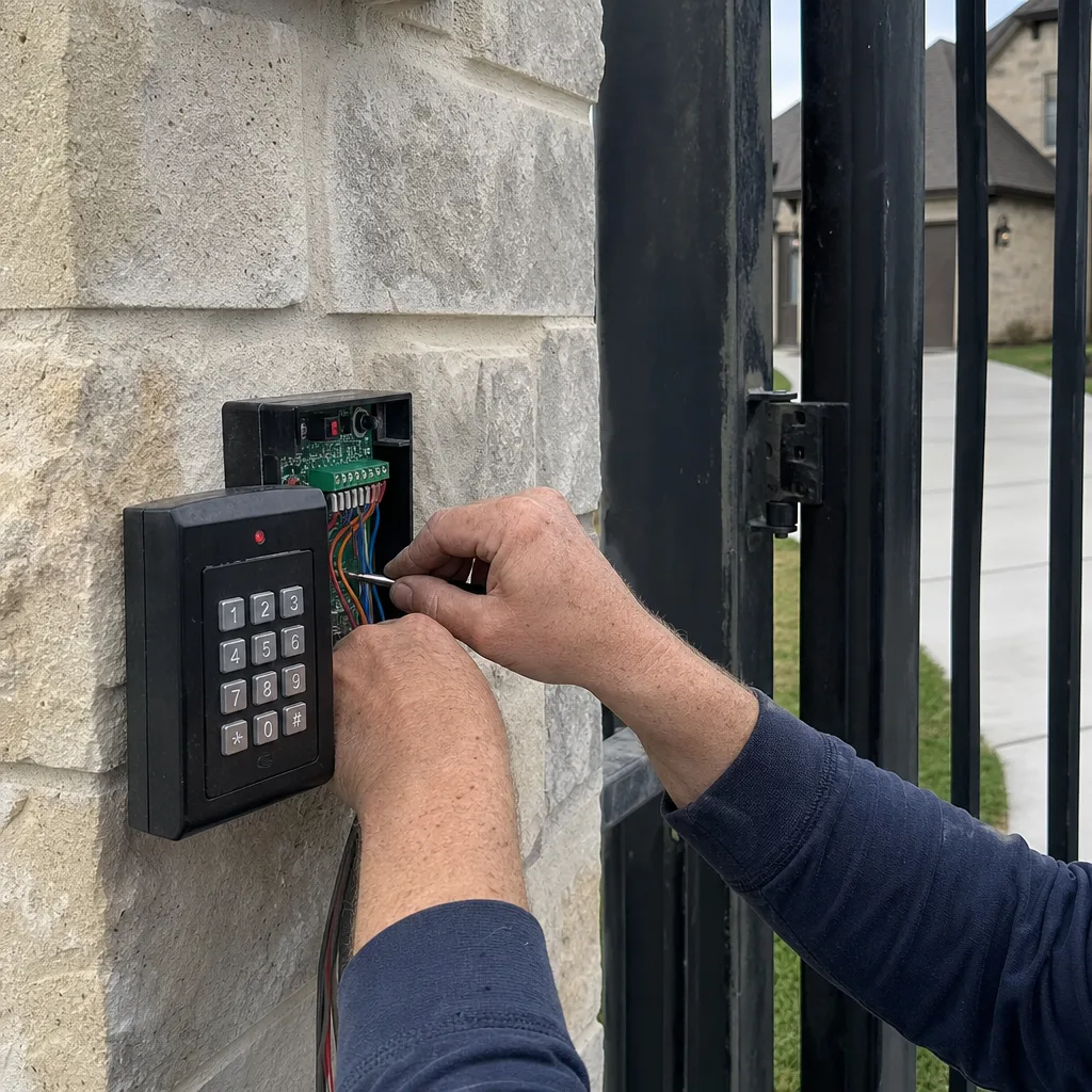 Technician performing gate access control system repair and wiring maintenance in League City, TX